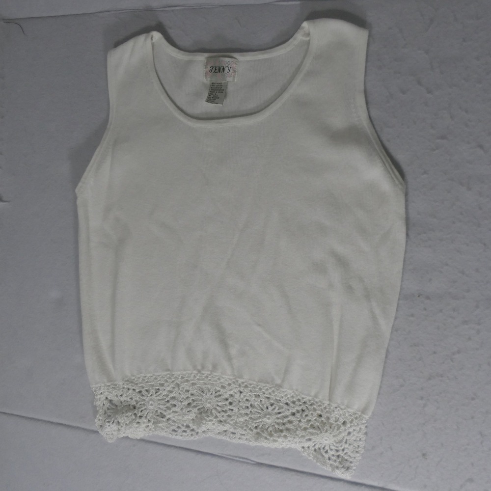 Jenny Womens Knit Tank L White Crochet Lace Trim Cottagecore Boho‎ Chic Coquette